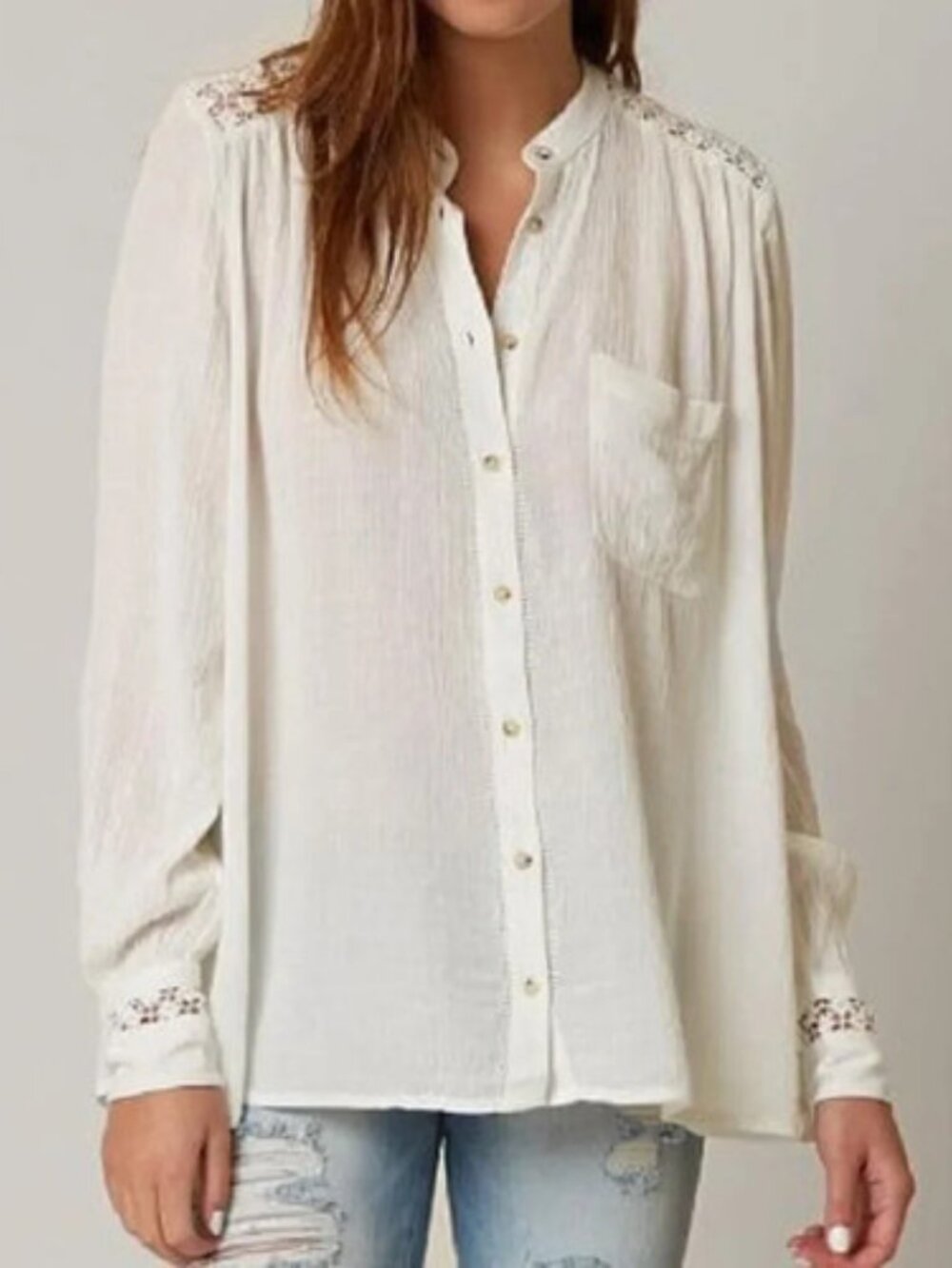 Free People The Best Shirt Ivory Crochet Button Up Oversized Top Size Large